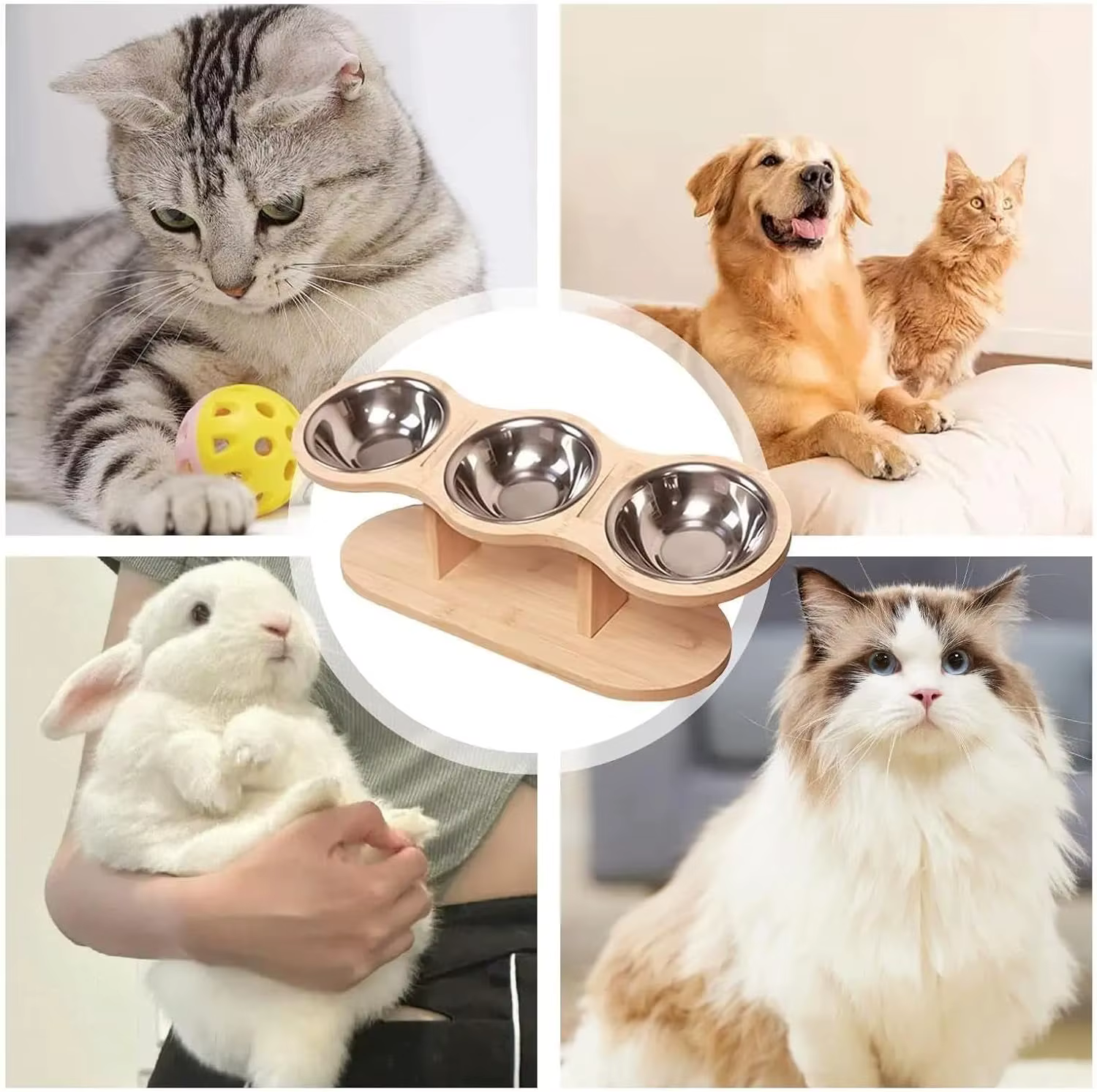 Gamelle Triple Surélevée en Bois & Inox | Chien et Chat
