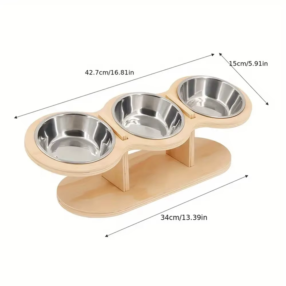 Gamelle Triple Surélevée en Bois & Inox | Chien et Chat