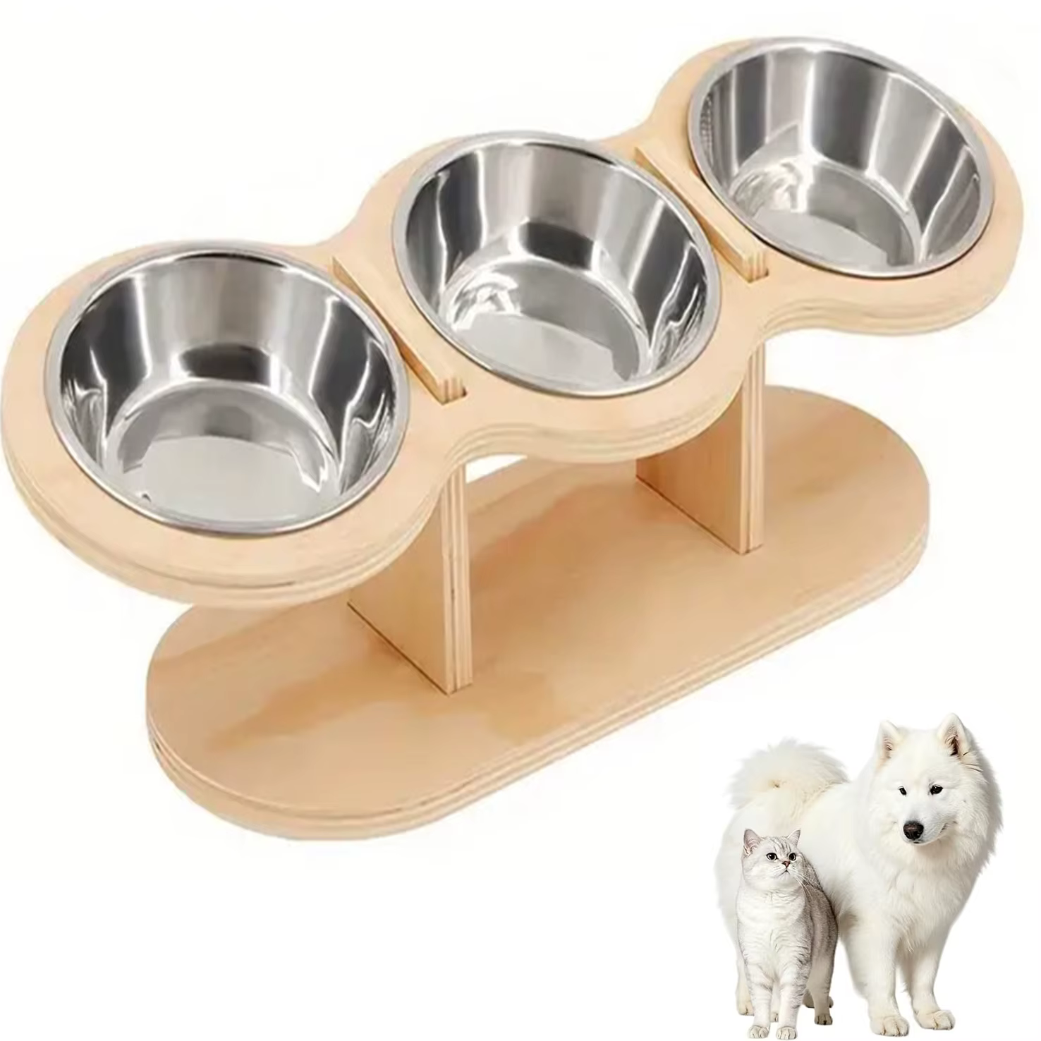 Gamelle Triple Surélevée en Bois & Inox | Chien et Chat