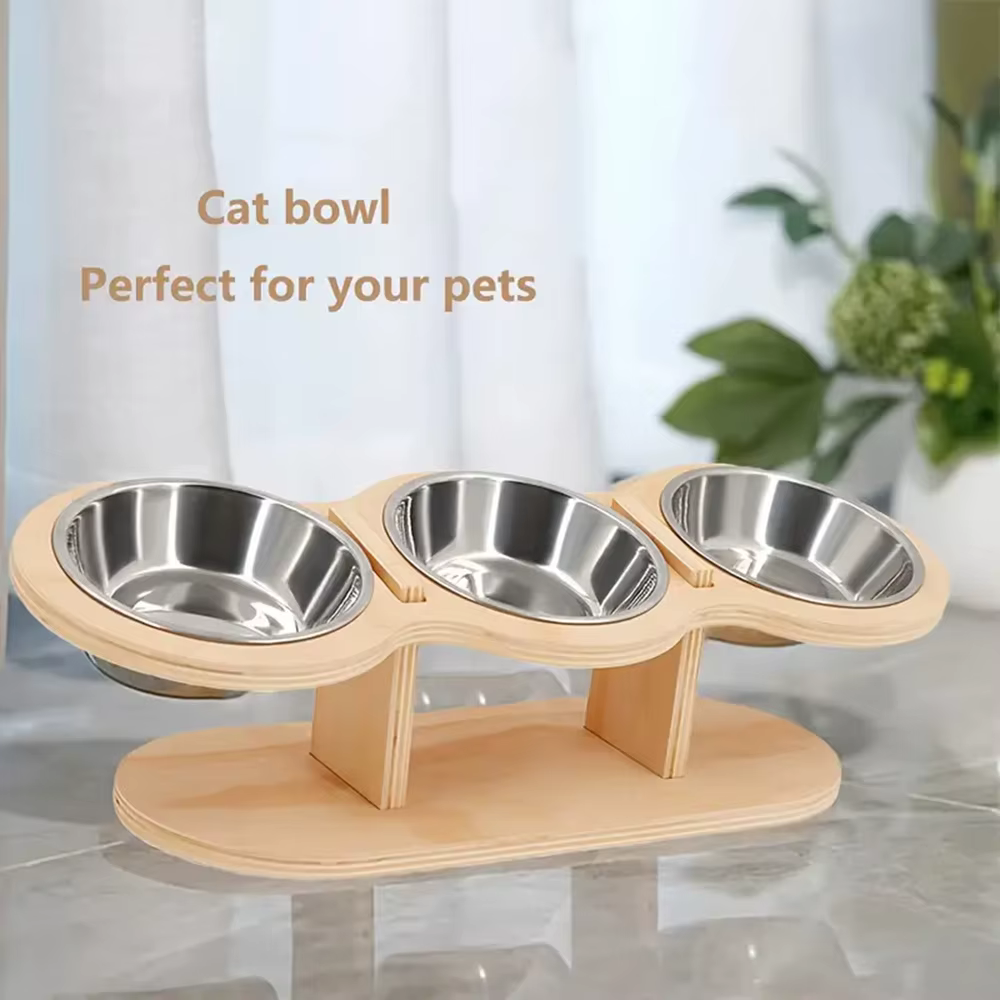 Gamelle Triple Surélevée en Bois & Inox | Chien et Chat