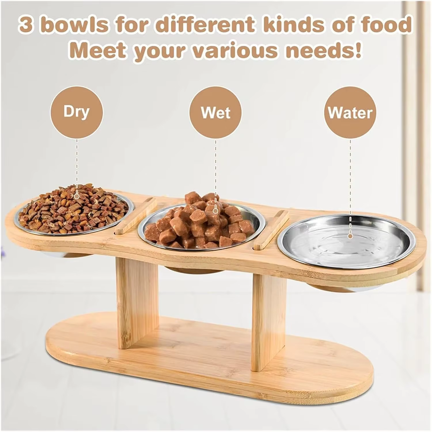 Gamelle Triple Surélevée en Bois & Inox | Chien et Chat
