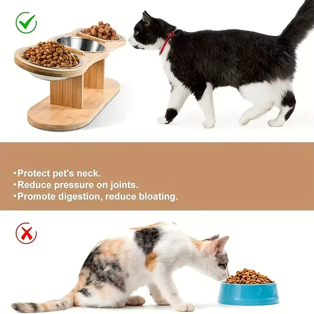 Gamelle Triple Surélevée en Bois & Inox | Chien et Chat