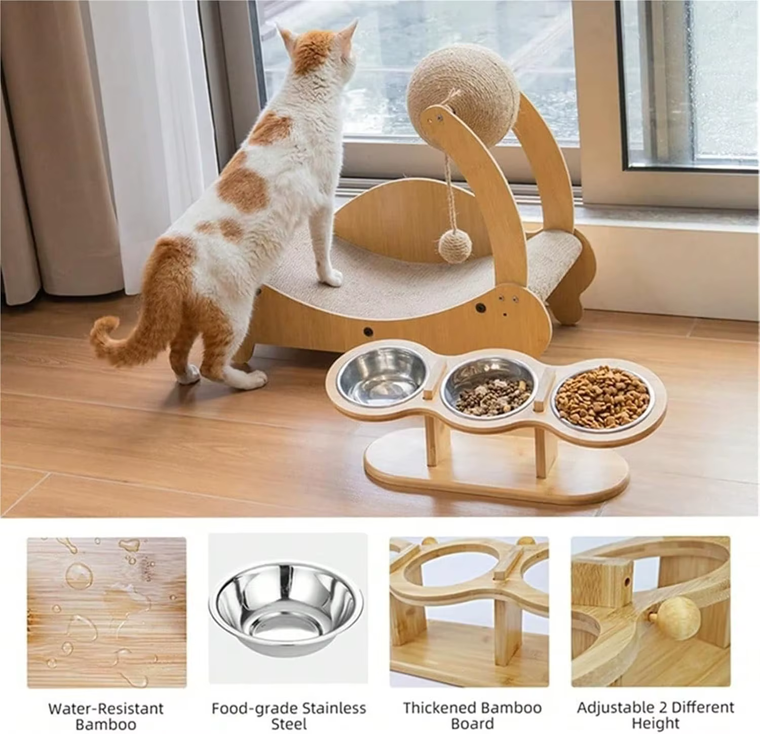 Gamelle Triple Surélevée en Bois & Inox | Chien et Chat