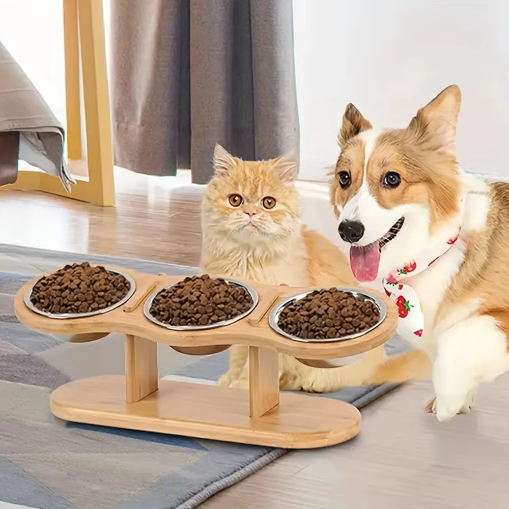 Gamelle Triple Surélevée en Bois & Inox | Chien et Chat