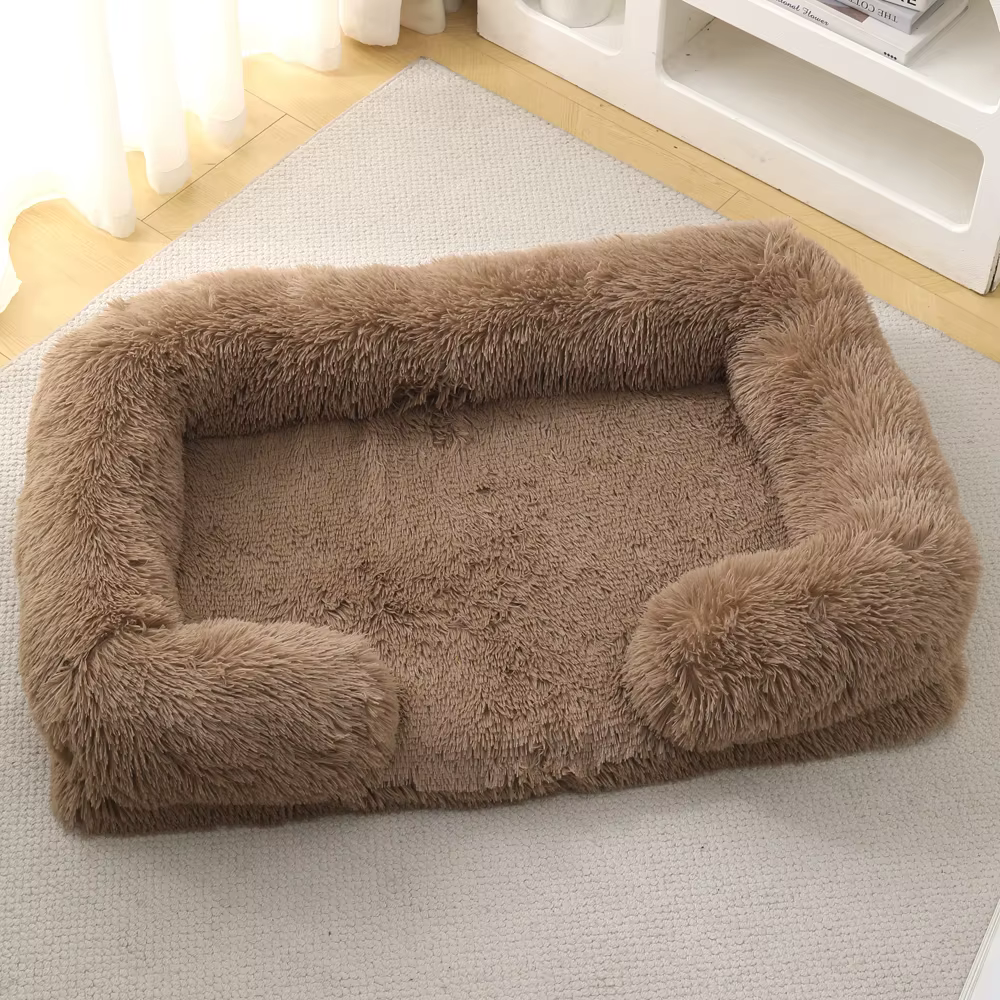 Panier Rectangulaire Apaisant en Fausse Fourrure | Confort Chien